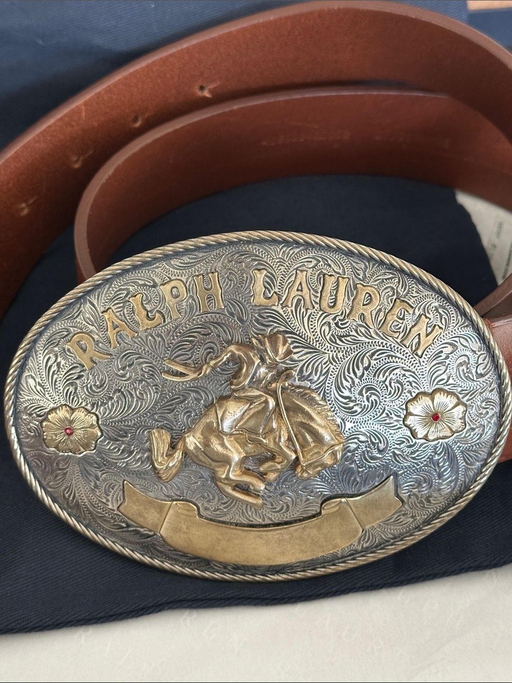 Ralph Lauren Rodeo-Buckle Vachetta Leather Wide Belt - Picture 5 of 9